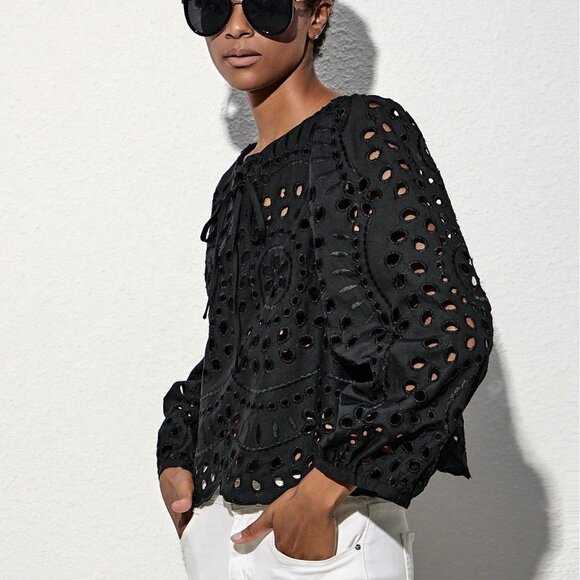 Black Preppy Womens Solid Tie Front Blouse - Picture 3 of 5